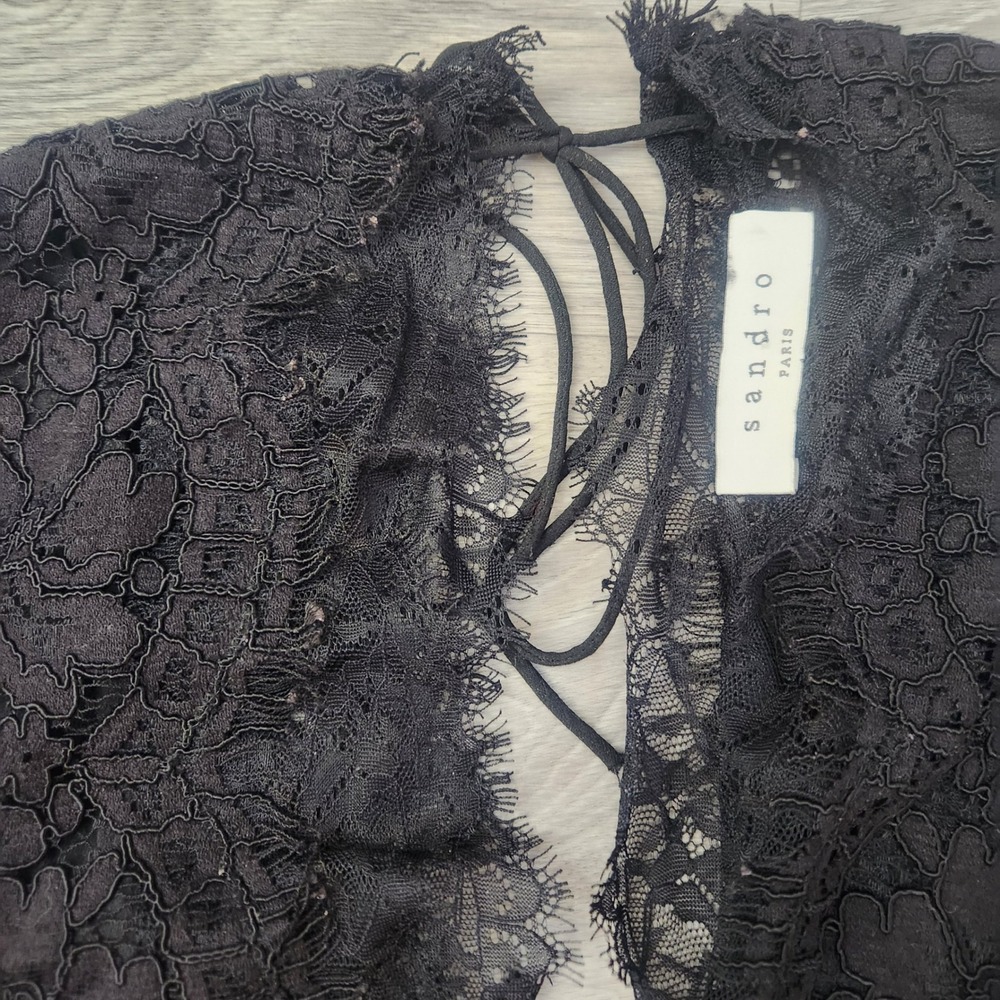 Sandro Black Lace Mini Dress Size 2 V-Neck Open Back Eyelash Trim Cocktail - Picture 4 of 15